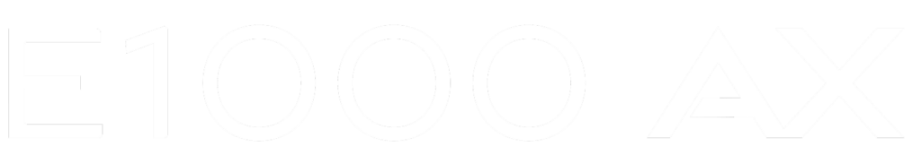 White text on a light gray background displaying "E1000 AX" in a modern, sans-serif font.