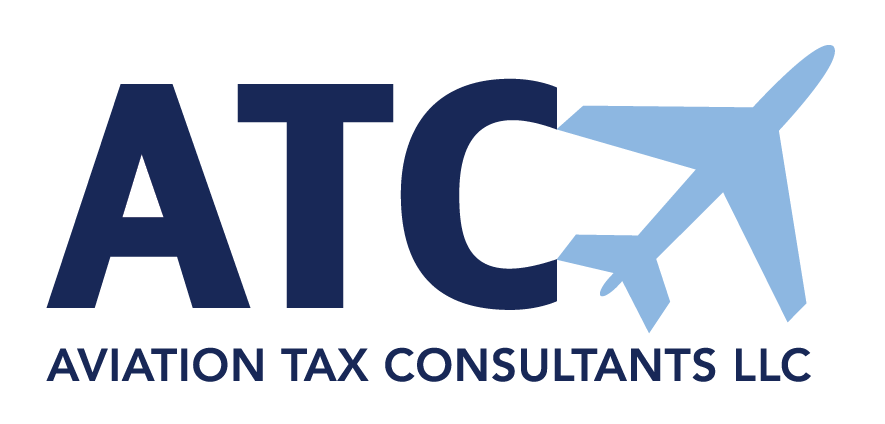 Logo for Aviation Tax Consultants LLC, featuring the initials "ATC" with a light blue airplane graphic integrated into the letter "C.