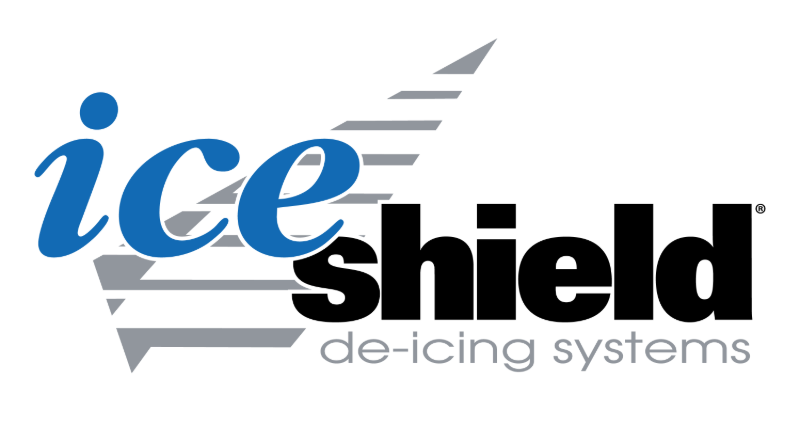 Ice Shield de-icing systems logo with blue 'ice', black 'shield', and gray striped triangle graphic in the background.
