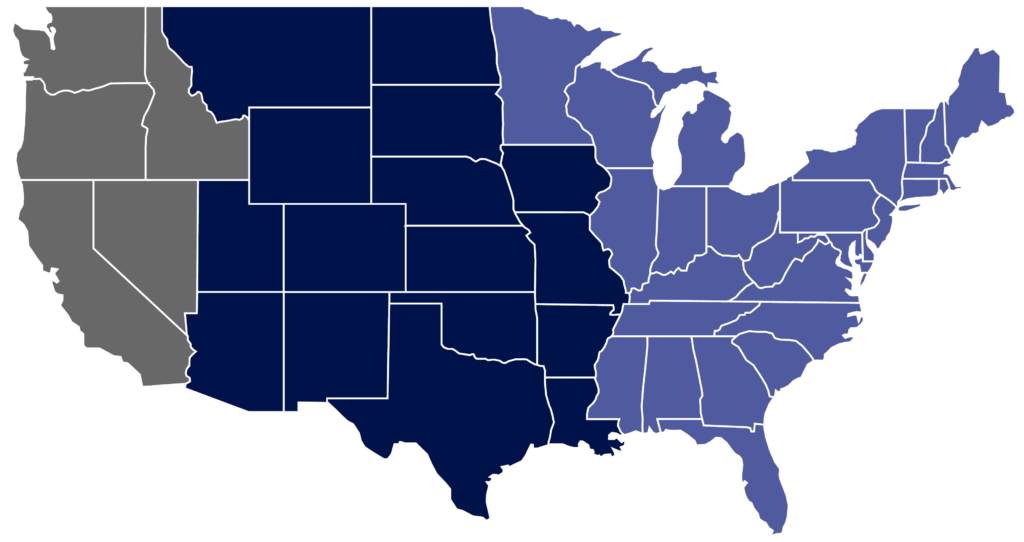 Map of the United States with western states colored gray and the rest divided into varying shades of blue, indicating regional groupings or categories.