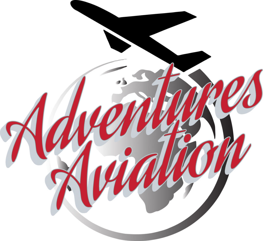 A black airplane silhouette over a gray globe with red script text reading “Adventures Aviation” across the image.