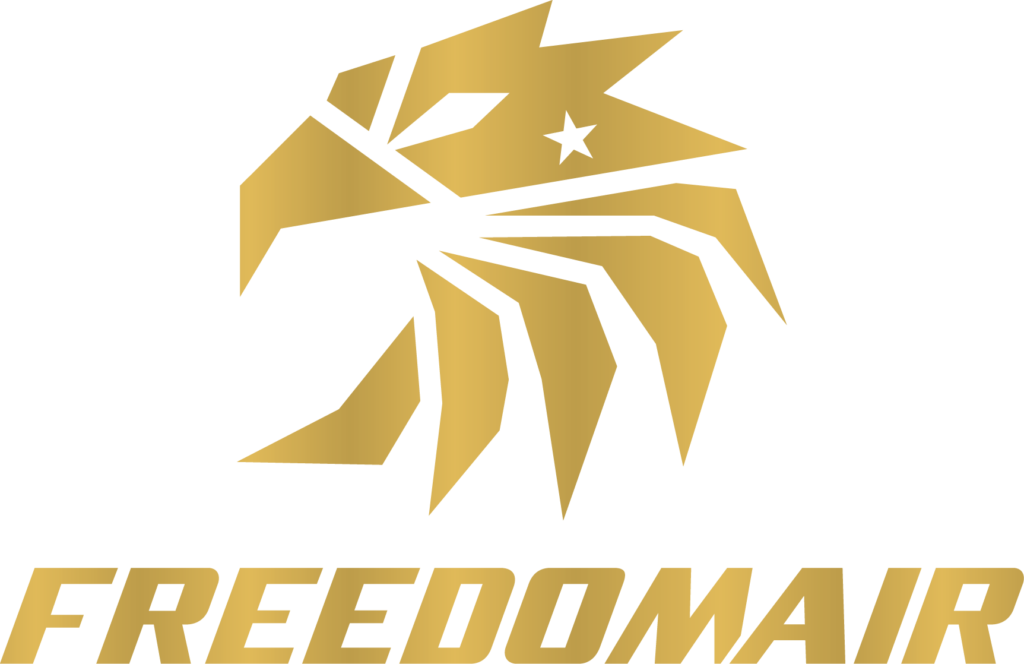 Gold stylized eagle head with a star near its eye above the word “FREEDOMAIR” in bold, gold capital letters on a white background.