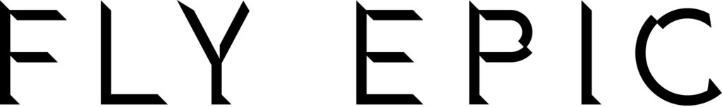 The image displays the words “FLY EPIC” in large, bold, geometric black letters on a white background.