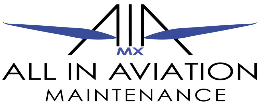 Logo for “All In Aviation Maintenance” with stylized black letters “AIA,” blue propeller shapes, and “MX” in blue between the letters. Text below reads “ALL IN AVIATION MAINTENANCE.”.