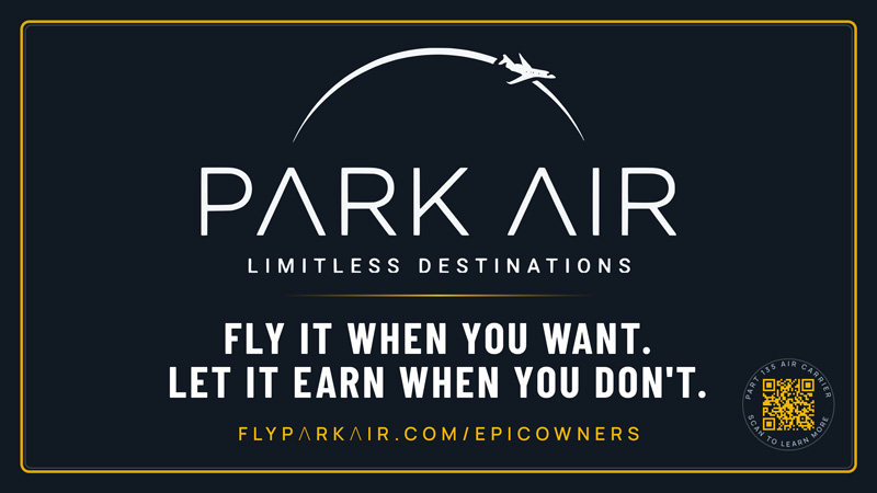 A logo for Park Air with a stylized airplane and arc, slogan, and the text: “Fly it when you want. Let it earn when you don’t.” Includes a website and a QR code.