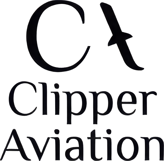 The image shows the text “Cλ Clipper Aviation,” with the lambda symbol λ stylized to resemble an airplane.