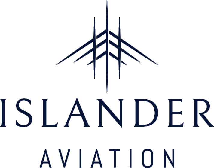 Logo for Islander Aviation with stylized blue lines above the words “Islander Aviation” on a white background.